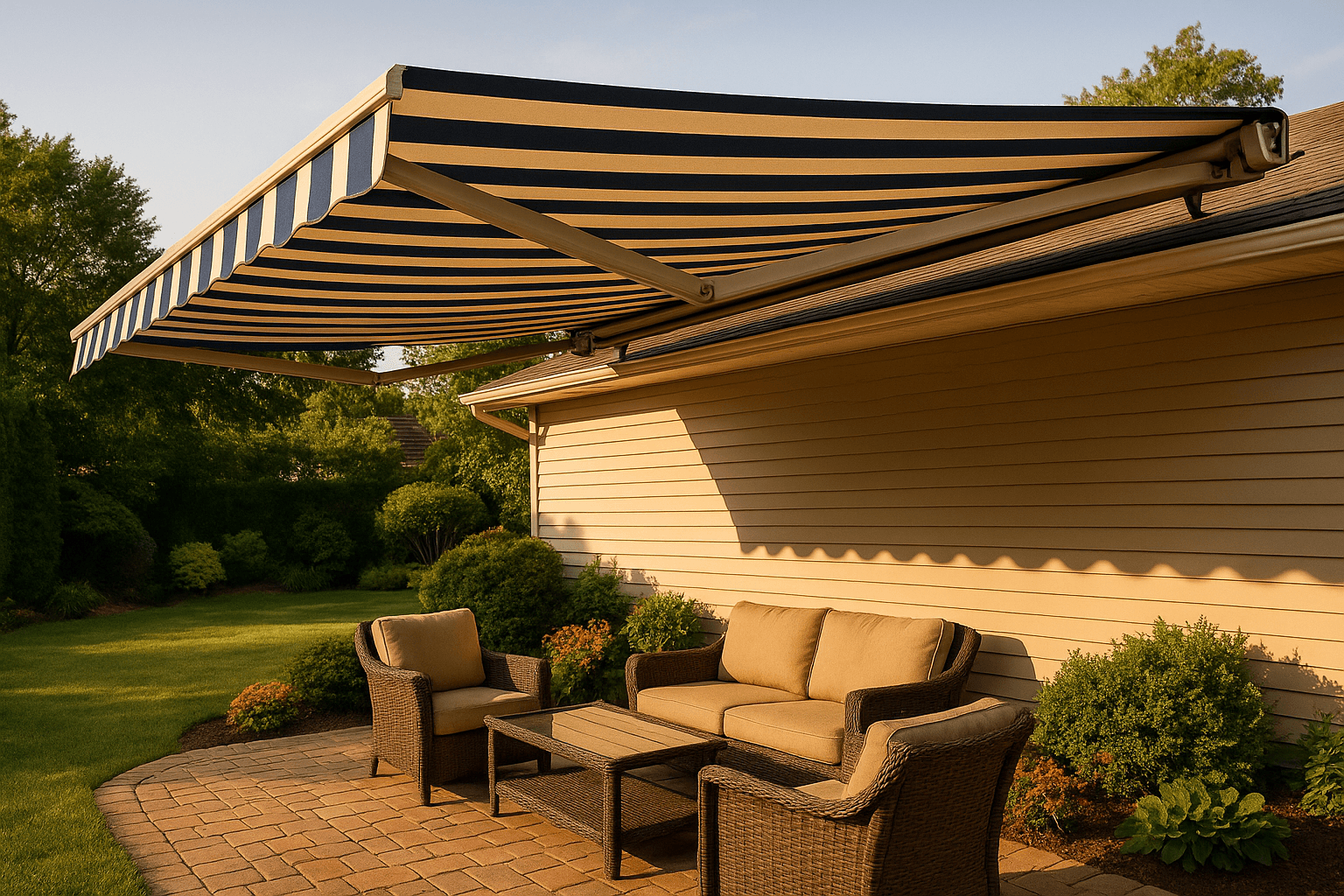 Motorized retractable awning over a Long Island patio casting shade on outdoor furniture