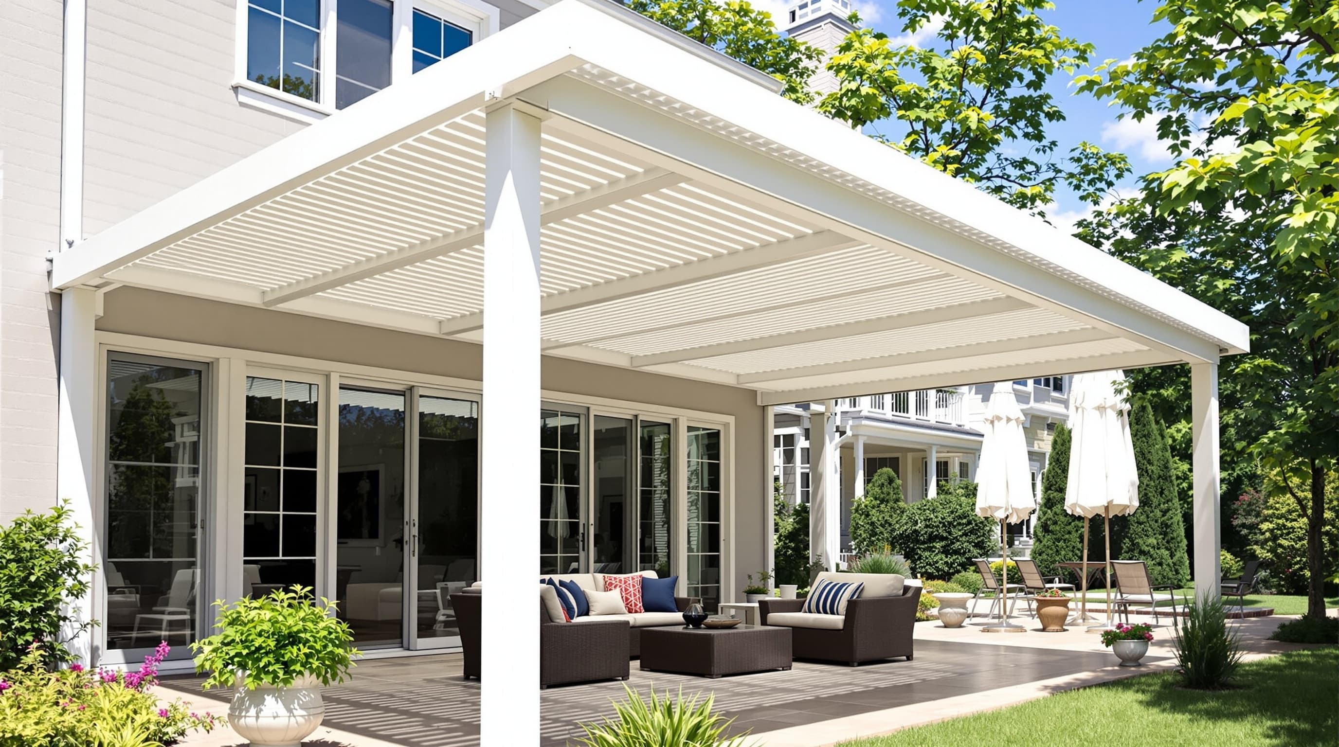 White aluminum louvered pergola roof attached to a home, shading a patio seating area